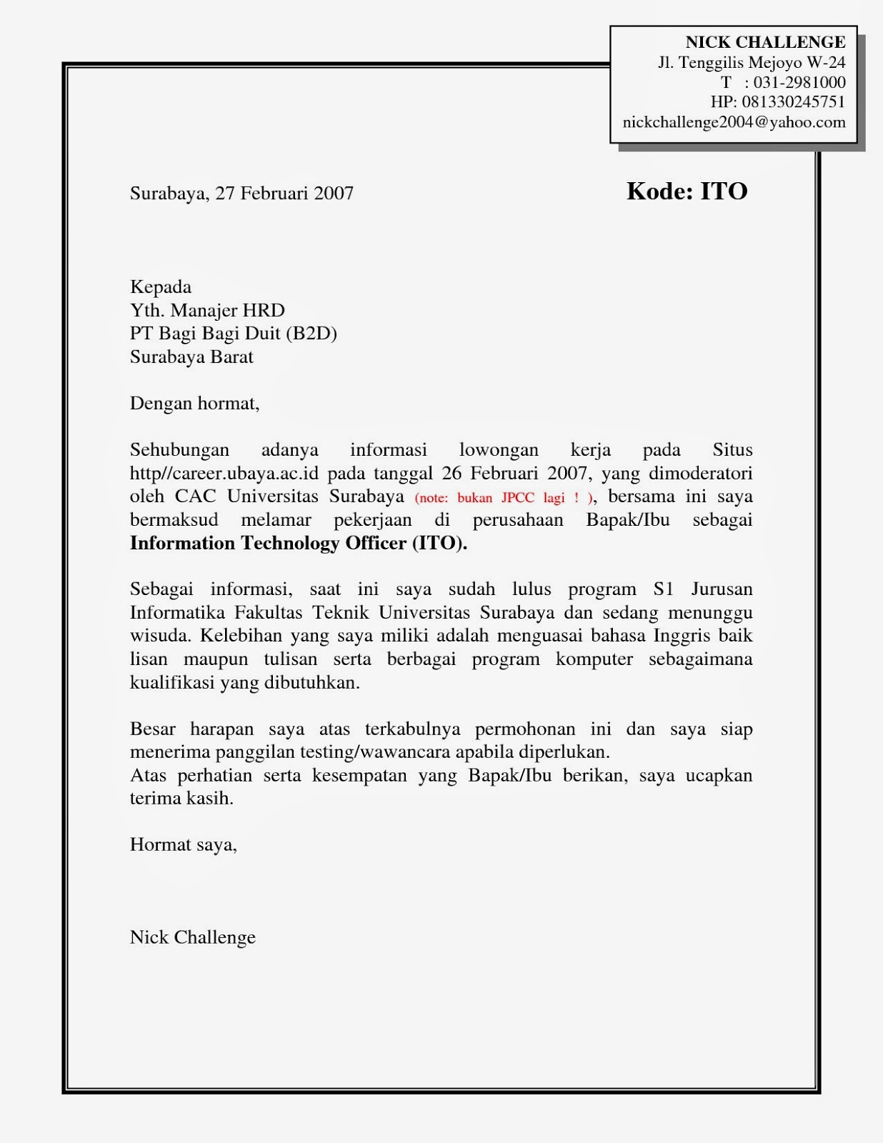 cover letter kerja bahasa inggris